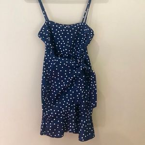 Blue and white polka dot wrap dress